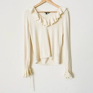 Vintage Ralph Lauren MEDIUM cashmere & silk cream ruffle long sleeve knit top